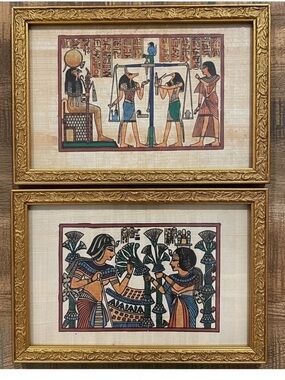 Two Egyptian Papyrus Paintings Vintage 1990s Souvenirs from Egypt Memento